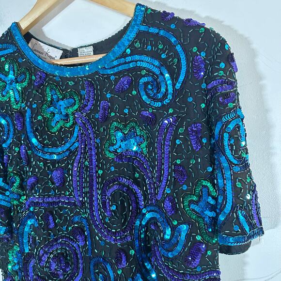 Vintage Laurence Kazar Sequin Beaded Silk Blouse - Small‎ - Picture 4 of 11